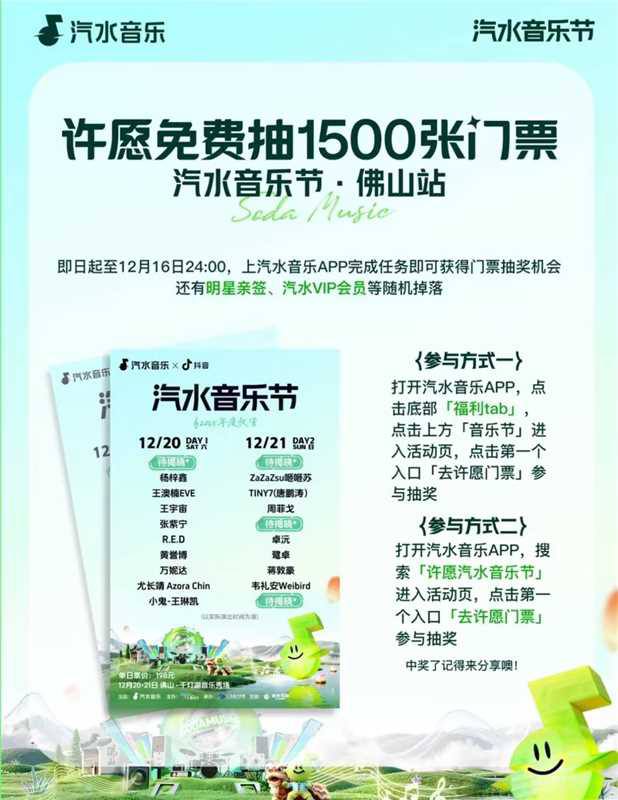 汽水音乐APP-底部-福力再在顶部切换到“音乐节”点击“去许愿门票”进入 在右边右滑 点击到21号佛山站