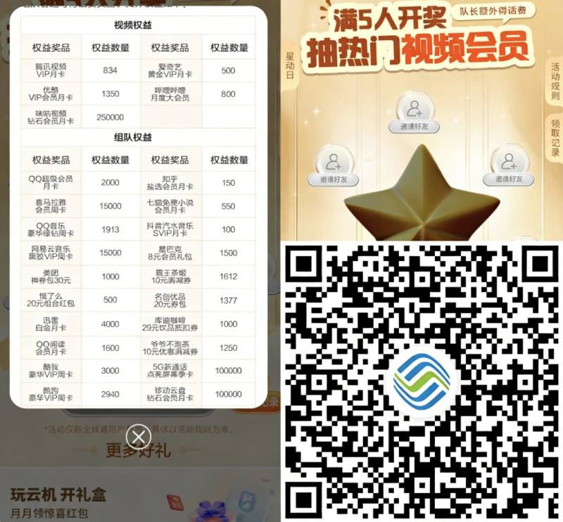 移.动全球通组队抽视频荟员限全球通用户参加 12.30截5人成团抽 25w份视频荟员月咔跟3.5w份其他权益 感兴趣看看--队长额外得15w份1.88/8.88话.費组队只能参加一次 发起可5次